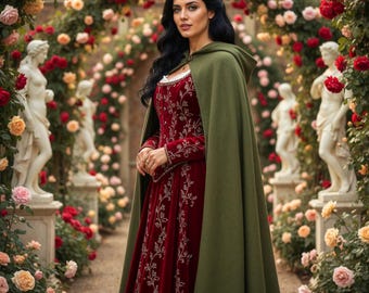 Hooded Renaissance Cloak: Full Length Medieval Cape with Hood, Gothic Witch Vampire Cloak, Halloween Carnival Cosplay Costume for Adults