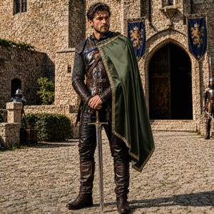 May include: A dark leather tunic with chainmail sleeves, brown leather trousers, and tall brown boots. A long olive green cloak with gold trim is draped over the shoulders. A metal sword is held upright with both hands in front of the body.