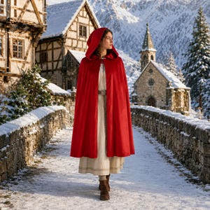 May include: A vibrant red hooded cloak worn over a long, cream-colored dress with a textured belt. The cloak features a simple silver-toned clasp at the neck, while the dress displays intricate hem detailing, paired with brown leather boots.
