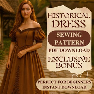 Romantic Vintage Princess Dress Sewing Pattern Victorian Off-Shoulder Historical Gown  Medieval Fantasy Renaissance Dress Sewing Pattern PDF