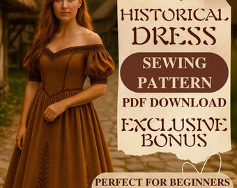 Romantische vintage prinsessenjurk naaipatroon Victoriaanse off-shoulder historische jurk middeleeuwse fantasie renaissance jurk naaipatroon PDF