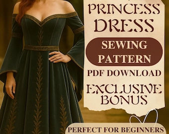 Middeleeuwse prinsessenjurk naaipatroon Victoriaanse off-shoulder jurk middeleeuwse fantasie renaissance jurk naaipatroon kostuumpatroon pdf-beginner