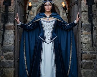 Medieval Hooded Cloak: Renaissance Cape with Hood for Adults, Gothic Witch Vampire Cloak Cosplay, Fantasy Festival Halloween Costume Outfit