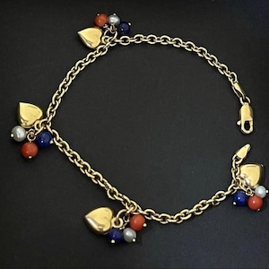 Charm Bracelet, 18 Carat Gold, 18K, 750, Vintage French, Pearls, Lapis Lazuli, Coral