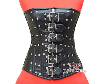 Handmade Black Leather Overbust Corset: Steel Boned Gothic Waist Trainer