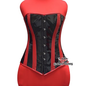 Corset overbust en PVC noir et rouge pour femme - Ceinture en acier avec baleines pour cosplay gothique steampunk