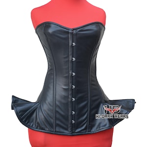 Overbust Black Leather Corset Long Torso | Steel Boned Waist Trainer | Handmade Gothic Corset Top for Women Plus Size Available