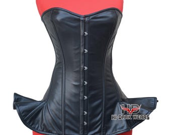Handmade Black Leather Overbust Corset: Gothic Steel Boned Waist Trainer