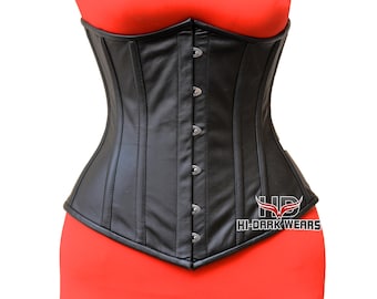 Black Leather Underbust Corset: Steel Boned Waist Trainer, Gothic Style