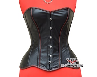 Black Leather Overbust Corset: Maroon Trim, Steel Boned Gothic Top