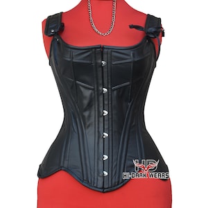 Women's Overbust Black Leather Corset – Steel Boned Corset Top with Adjustable Shoulder Straps – Gothic Steampunk Bustier