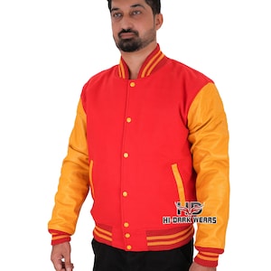 Red Wool Varsity Jacket: Gold Leather Sleeves, Custom Bomber