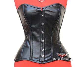 Handmade Black Leather Overbust Corset: Steel Boned Gothic Bustier