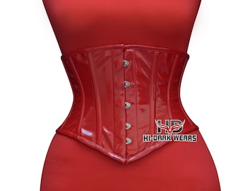 Corsé rojo de PVC bajo el busto: faja reductora con aspecto de látex y varillas de acero.