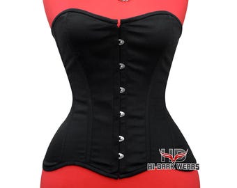 Black Cotton Overbust Corset: Steel Boned Gothic Waist Trainer