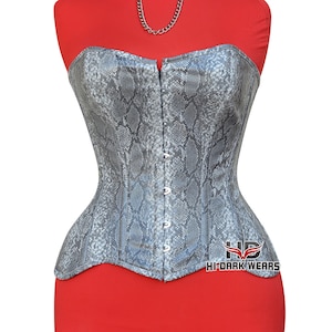 May include: A silver and grey snakeskin-patterned corset with a sweetheart neckline and silver clasps down the front. The corset is displayed on a red mannequin. The text "HI-DARK WEARS" is visible on the lower right side.