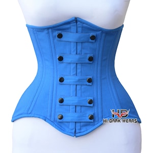 Handmade Blue Cotton Underbust Corset: Steel Boned Waist Trainer