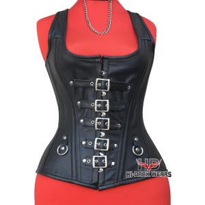 Black Leather Overbust Corset with Buckles & Adjustable Shoulder Straps | Steel Boned Gothic Waist Trainer | Handmade Corset Top