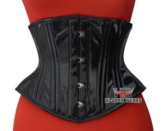 Handmade Black PVC Underbust Corset: Gothic Double Steel Boning Waist Trainer