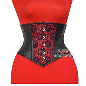 Women&#39;s Black Faux Leather Underbust Corset with Satin Floral Mesh | Gothic Waist Trainer | Steampunk Corset Top | HI-DARK WEARS
