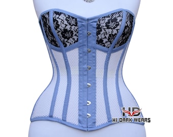 Sky Blue Cotton Overbust Corset | White Mesh, Light Shaping