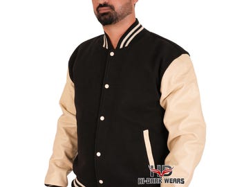 Custom Wool Varsity Jacket: Black & Cream Leather Bomber, Personalized Letterman