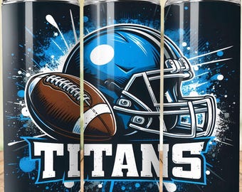 May include: A set of three black insulated tumblers with a football and helmet design. The design features a blue football helmet and a brown football, with the word "TITANS" in white. The background is black with blue accents.
