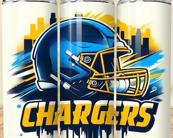 May include: A set of three white insulated tumblers with a blue and yellow Chargers football helmet design. The design includes the word "CHARGERS" in yellow, with a cityscape background. Each tumbler has a silver lid and a straw.