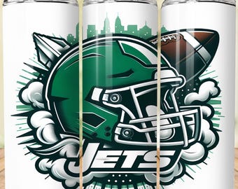 May include: White insulated tumbler featuring a green football helmet, a brown football, and the word "Jets" in white. The design includes a cityscape silhouette and green accents. The tumbler has a silver straw.
