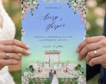 May include: A wedding invitation held by two people. The invitation features a watercolor illustration of a wedding ceremony with a couple, floral arrangements, and the text "The Wedding of Avery & Harper". The background transitions from green to blue.