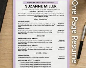 May include: A resume template titled "One Page Resume" with the name "SUZANNE MILLER" at the top. The resume is on a light purple background with black text. A black pen and a small succulent plant are next to the resume.