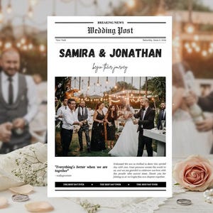 Plantilla de programa de boda en periódico vintage: itinerario editable en Canva