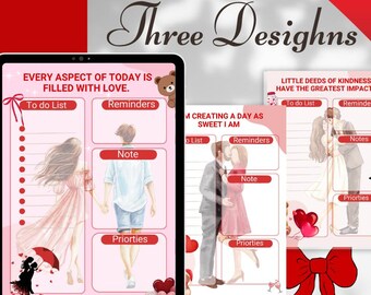 May include: A digital tablet and two planner pages with a pink theme and romantic illustrations. The tablet displays a planner with the text "EVERY ASPECT OF TODAY IS FILLED WITH LOVE." The planner pages have the text "LITTLE DEEDS OF KINDNESS HAVE THE GREATEST IMPACT."