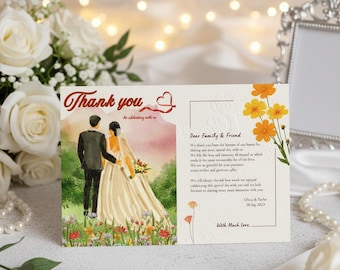 May include: A wedding thank you card with a watercolor illustration of a couple walking in a field of flowers. The card reads "Thank you" in a script font and includes a message to family and friends.