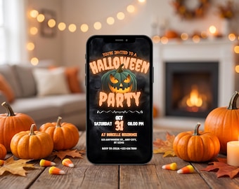 May include: A smartphone displaying a digital Halloween party invitation with a glowing orange pumpkin graphic, black smoke background, and text reading: You're invited to a Halloween party, Saturday Oct 31, 08.00 PM, at Borcelle Residence.