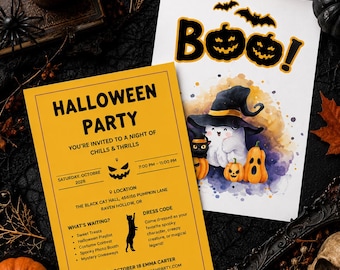 May include: A rectangular Halloween party invitation in yellow with black text and a matching white card featuring a watercolor illustration of a ghost in a witch hat, a black cat, and pumpkins under the text Boo! with black bats above.