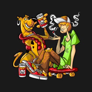 May include: Cartoon illustration featuring a yellow dog-like character and a man with brown hair, both with red and yellow accents. The man is sitting on a red skateboard, holding a lit cigarette. The dog holds a can of Duff beer.