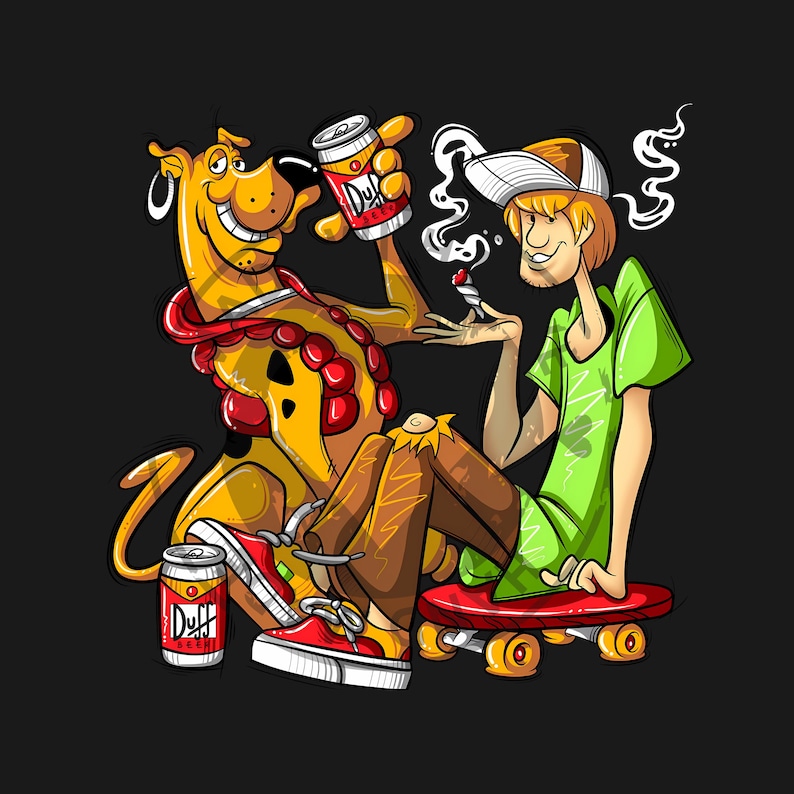 May include: Cartoon illustration featuring a yellow dog-like character and a man with brown hair, both with red and yellow accents. The man is sitting on a red skateboard, holding a lit cigarette. The dog holds a can of Duff beer.