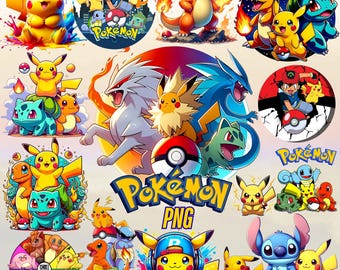 May include: A collection of colorful Pokémon character illustrations. The image features various Pokémon, including Pikachu, Charmander, and Bulbasaur, in dynamic poses. The word "Pokémon" is prominently displayed in a bold, yellow font.