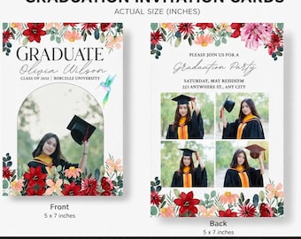 May include: Two-sided graduation invitation template. The front features a photo of a graduate, floral accents, and the text "GRADUATE Olivia Wilson." The back includes four photos and party details. Each card is 5 x 7 inches.