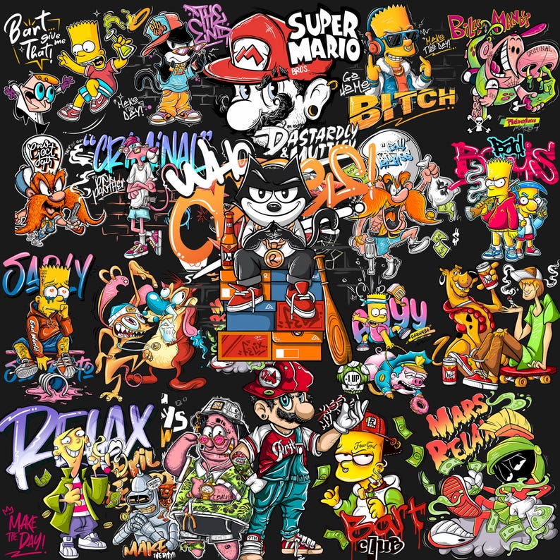 May include: A vibrant collage featuring cartoon characters like Bart Simpson, Super Mario, and Felix the Cat, set against a black background. The artwork incorporates graffiti-style lettering and bold colors, creating a dynamic and energetic composition.