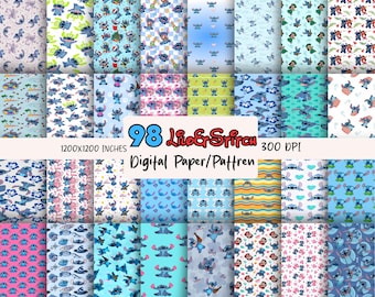 May include: A collection of 24 digital paper patterns featuring the characters from Lilo & Stitch. The patterns include various designs with Stitch, aliens, and tropical elements in shades of blue, pink, and green. The image includes the text "98 Lilo & Stitch Digital Paper/Pattern" and "1200x1200 inches 300 DPI".