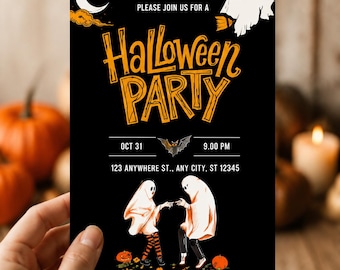 May include: A black Halloween party invitation card featuring orange text that reads "PLEASE JOIN US FOR A HALLOWEEN PARTY", "OCT 31", "9.00 PM", and "123 ANYWHERE ST., ANY CITY, ST 12345". It includes illustrations of a white ghost, a crescent moon, a bat, and two ghosts.