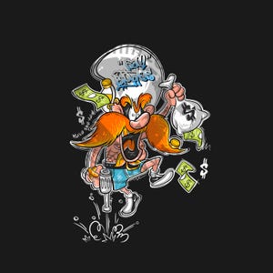 May include: Cartoon illustration of a character with orange hair and a large mustache, holding a bag of money and dollar bills. The character is wearing blue shorts and a yellow shirt. The background is black.