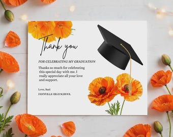 Graduation Thank You Card Template | Printable Editable Modern Grad Thank You with orange poppies & grad cap | Instant Download 5x7