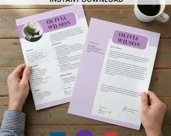 May include: Two lavender resume templates with the name "Olivia Wilson" in a purple banner. The templates are held by hands and are on a wooden surface. The top of the image reads "EDITABLE TEMPLATE INSTANT DOWNLOAD". A cup of coffee is in the top right corner.