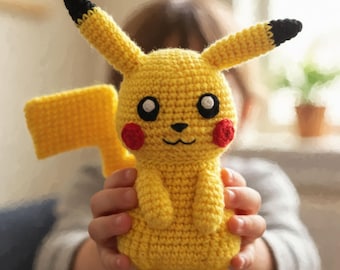May include: A handmade yellow crochet Pikachu doll with black-tipped ears, red cheeks, and a smiling face. The doll has a yellow tail and is held up in front of a blurred background.