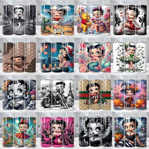 May include: A collection of 20 oz stainless steel tumblers featuring various Betty Boop designs. The tumblers showcase colorful illustrations of Betty Boop in different settings, including a cityscape, a desert scene, and a mermaid theme. Each tumbler has a straw.
