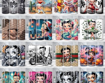 May include: A collection of 20 oz stainless steel tumblers featuring various Betty Boop designs. The tumblers showcase colorful illustrations of Betty Boop in different settings, including a cityscape, a desert scene, and a mermaid theme. Each tumbler has a straw.