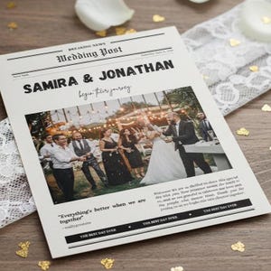 May include: A wedding announcement designed to look like a newspaper front page. The headline reads "SAMIRA & JONATHAN" with the words "begin their journey" below. The image shows a wedding ceremony with guests.